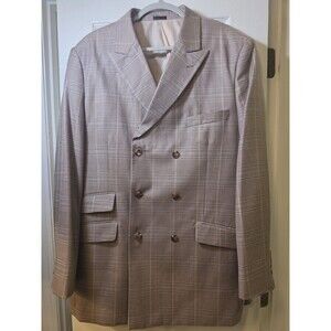 Stacy Adams Double Breasted Sport Coat Mens 44R Tan Plaid Peak Lapel Blazer